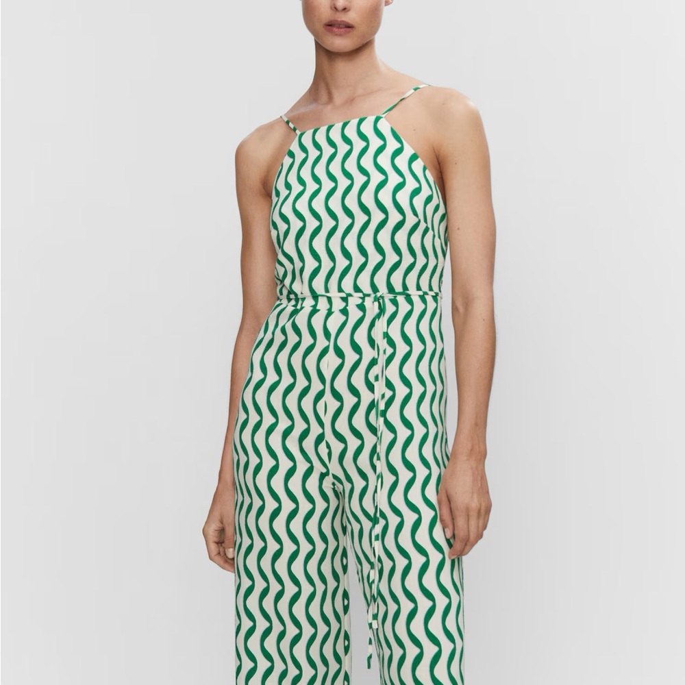 MANGO Green and White Patterned Jumpsuit
